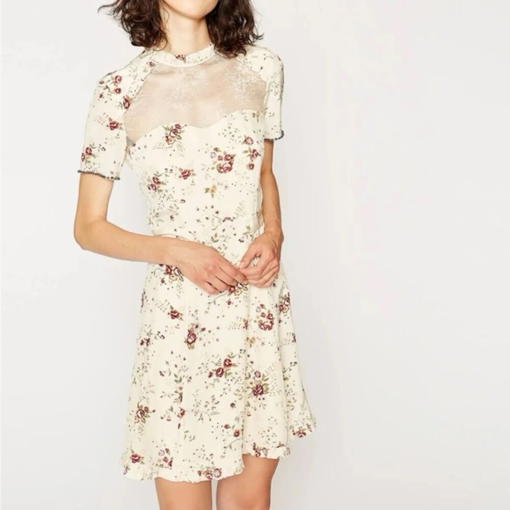 The Kooples Silk Floral Mini Dress M NWT Cream Lace Ruffle Inset Boho Cocktail